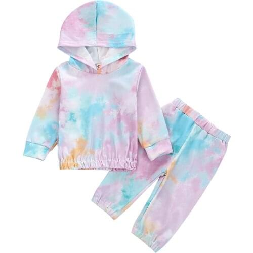 PIZZSEOON Baby Girl Clothes 2pcs Girls Tie Dye Hooded Sweater Tops+Pants Sports Clothes for 0-3-4 Ages Childrens Clothing Sets