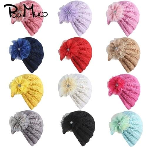 Powmuco 16*14 CM Comfortable Warm Knitted Striped Wool Toddler Hats Fashion Rhinestone Flower Newborn Cap Sweet Hair Accessories