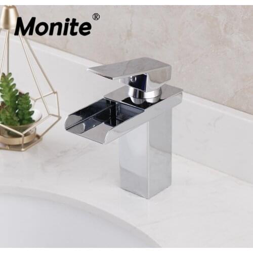 Monite Waterfall Bathroom Basin Sink Brass Mixer Tap Vanity Faucet Chrome Finish 1 Handle W/Wide Spout Wash Basin Mixer Faucet