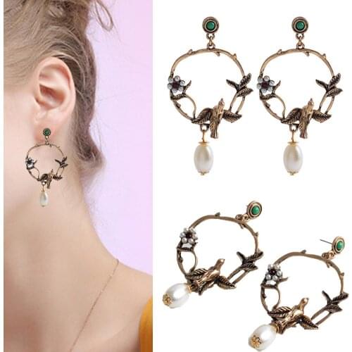 Retro Women Garland Drop Flower Bird Faux Pearl Ear Stud Earrings Party Jewelry