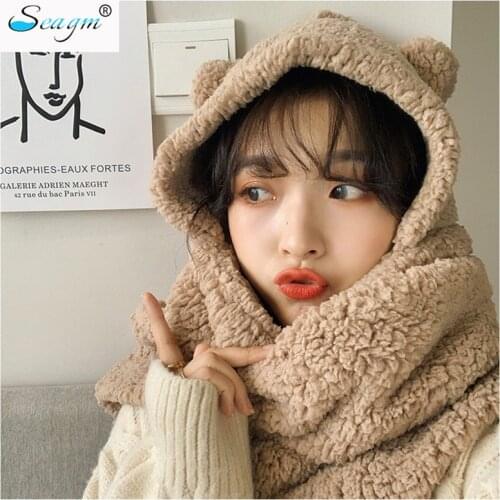 Bear Shape Women Hats With Scarf Solid Artificial Fur Warm Female Caps Faux Fur Winter Beanies Hat for Women Outdoor Lady Cap