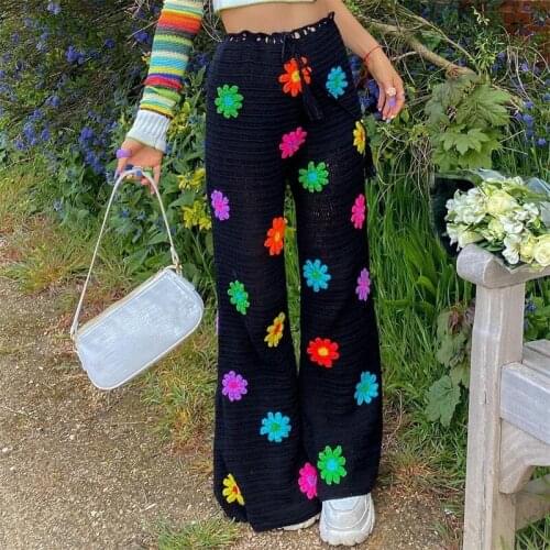 Thorn Tree See Through Flared Leg Pants Women High Waist 2021 Summer Floral Knitted Crochet Beach Holiday Long Pants Trousers