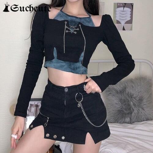SUCHCUTE Gothic Tie Dye Print Patchwork Crop Tops For Women 2021 Long Sleeve Skinny Slim T-Shirt Punk Style 90s Outfits Tee