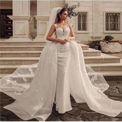 Luxury Arabic Style Mermaid Wedding Dresses With Overskirt Train Plus Size Sheer Neck Silver Sequins Plus Size Bridal Party Gown