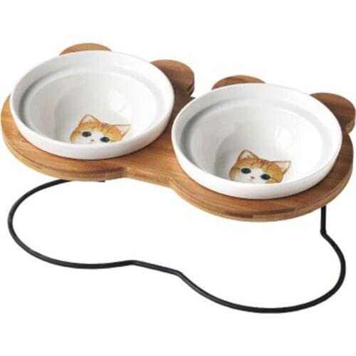 High Grade Cat Dog Feeders Bowls Bamboo Tableware Ceramic Pet Food Water Bowl Anti Skid Pet Supplies Cat Feeding Drinking Bowl