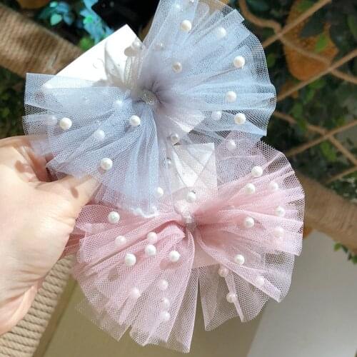 2021 Korean Sweet Girl Beautiful Colorful Imitation Pearl Mesh Yarn Bow Duckbill Clip Children Fashion Hairpins Hair Accessories