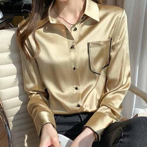 Vintage Long Sleeve Professional Blouse Women Korean Ladies Elegant Satin Silk Shirt 2021 New Fashion Chiffon Pocket Tops 12804