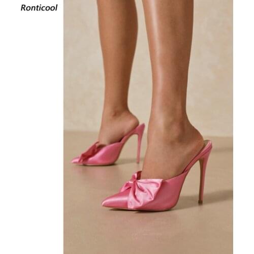Ronticool Women Satin Mules Slippers Pretty Butterfly Knot Stiletto Heels Pointed Toe 4 Colors Prom Shoes Women US Size 5-10.5
