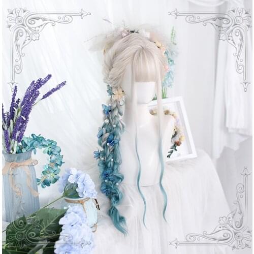 Gradient Beige Blue Lolita Wig Women Harajuku 80cm Long Curly Wavy Hair Cute Bangs Adult Chic Girls Cosplay Daily Wear