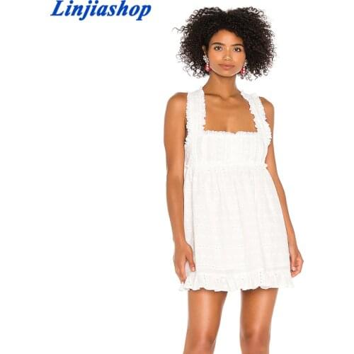 Summer Sexy Sleeveless Ruffles White Embroidery Lace Dress Cotton Women Fashion Elegant Solid Holiday Beach Party Dresses