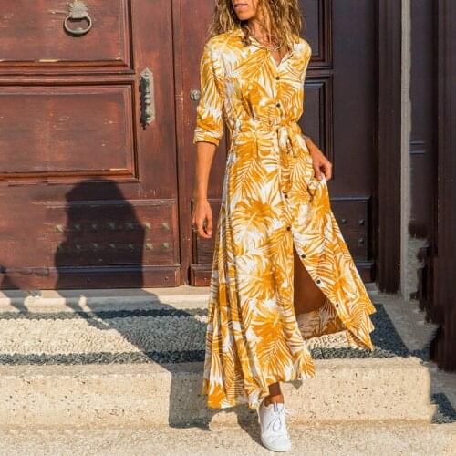 Hirigin Spring Summer Women Floral Print Boho Shirt Style Dress 2021 Holiday Street Casual Vacation Long Sleeve Belted Vestido