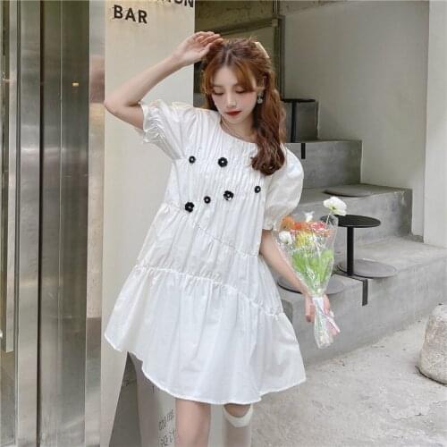 French Gentle Kawaii Cute White Black Dress Women Vintage Korean Summer Fashion Sweet Floral Dress Elegant Solid Lolita Dresses