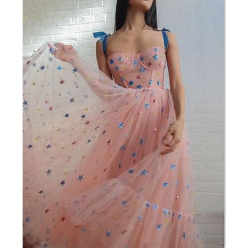 Celebrity Blue Star Mesh Sequins Dress Womens Embroidery Tulle Party Dresses Ladies Spaghetti Straps Sundress Long Vestidos