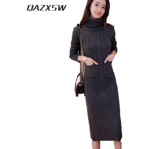 QAZXSW 2019 New Women Autumn Winter Dress Brand Slim Knitted Dressed Lady Turtleneck Long Dresses Sweater Pullover Vestido HB431