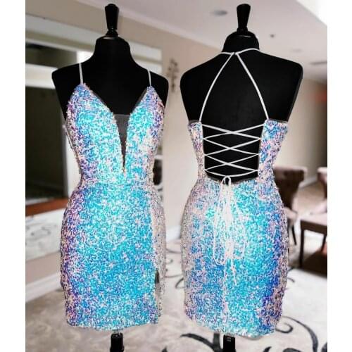 Elegant Sheath Colorful Sequined V-Neck Prom Dresses Spaghetti Criss Cross Back Above Knee Robe De Soiree Formal Party Gown