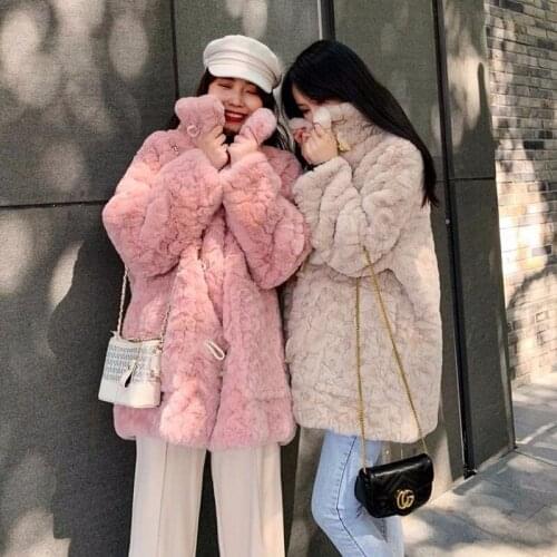 Women Winter Warm Horn Button Coat Vintage Female Long Faux Fur Overcoat Pressed flowers Rabbit fur Ladies Thick Fur Outwears