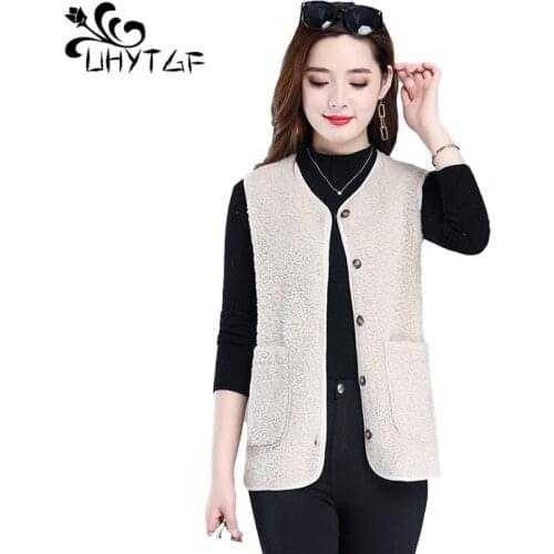UHYTGF 6XL Plus Size Vests For Women Lambswool Sleeveless Female Winter Fur Waistcoat Jacket Single Breasted Elegant Coats 1437