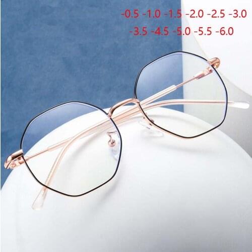 0 -0.5 -0.75 -1.0 To -6.0 Stainless Steel Polygon Myopic Lens Optic Spectacles Women Men Black Gold Frame Okulary Korekcyjne