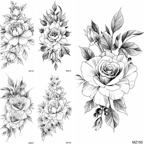 3D Flower Temporary Tattoo Sticker Black Fake Pencil Sketch Rose Tatoo Waterproof long lasting Beautiful Tatoo For Women Holiday