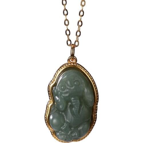 925 sterling silver gold plated Hetian jade Qiemo blue pendant retro personality God Beast Lady pendant