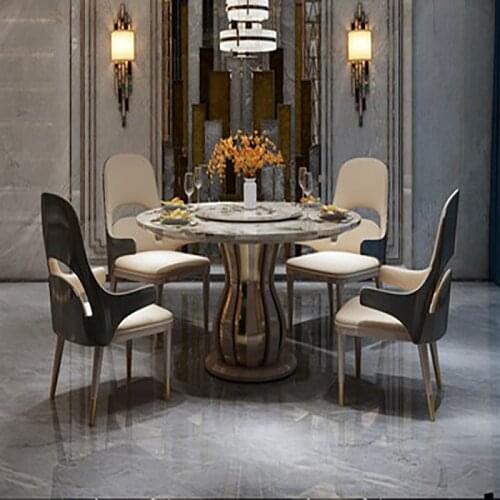American light luxury solid wood round marble dining table with turntable household Italian simple dining table and chair