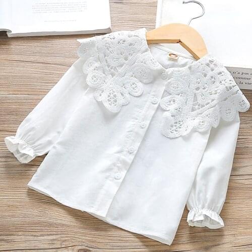 Girls Blouse White Shirts Cotton Lace Shirt Autumn Long Sleeve Turn-down Collar Child Kids Baby Toddler Tops