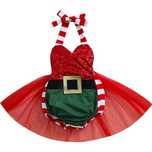 OPPERIAYA Christmas Baby Girl Casual Backless Sequin Bodysuit with Yarn Skirt Hem Red Striped Print Pattern Halter Neck Jumpsuit