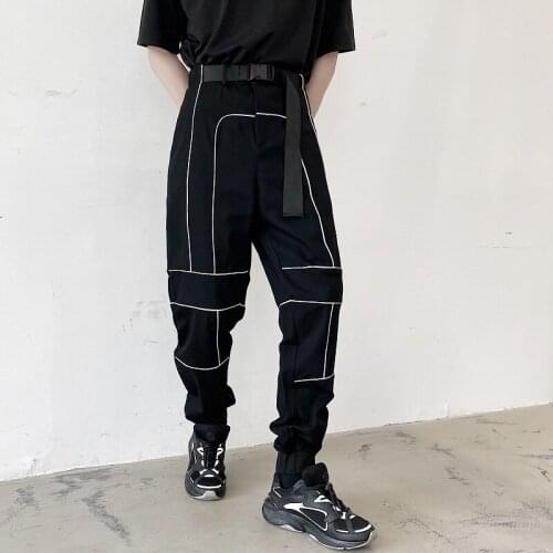 Men Reflective Strip Belt Casual Pencil Pants Male Women Streetwear Hip Hop Harem Pant Couple Jogger Sweatpants Trousers