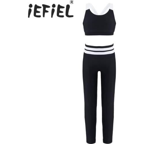 Kids Girls Sport Suit Ballet Dance Outfits Crop Tops and High Waist Patchwork Set Sportswear for Gymnastics Yoga Dance Workout