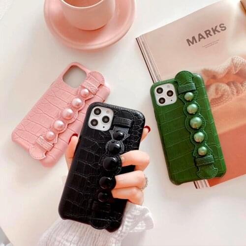 For iPhone 11 Pro Max Xr Luxury Crocodile Snake Skin Pearl wristband Back Cover For iPhone Xs Max X 7 8 6 6s Plus Woman Leather