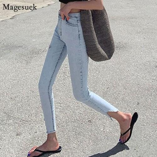 Streetwear High Waist Stretch Skinny Women Jeans Pants Split Cuff Ripped Hole Female Pencil Jeans 2020 Fall Women Trousers 10397