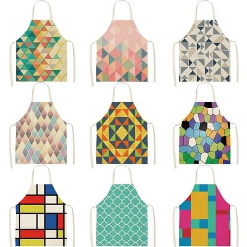 Colorful Geometric Printed Cotton Linen Brief Pinafore Kitchen Sleeveless Triangle Pattern Apron Cooking Baking Waist Bibs WQ161