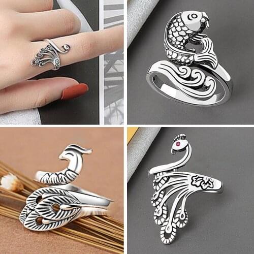 Retro Punk Snake Phoenix Fish Peacock Finger Ring for Men Women Exaggerated Antique Sliver Color animal Opening Adjustable Rings