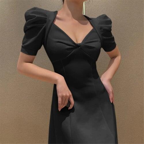 Summer Women Vintage Puff Short Sleeve Dress Fashion Solid Color V-Neck High Waist Mid-Length Dress Evening Party White Black