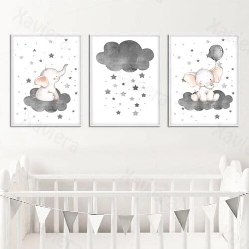 Cartoon Animal Poster Decorative Painting Elephant Balloon Cloud Poster Art Print Wall Picture Canvas Painting Baby Room Nursery