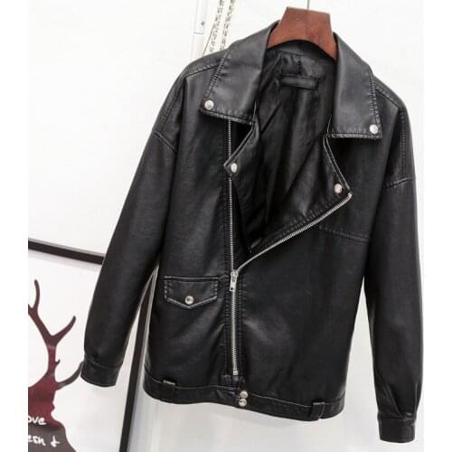 Autumn Winter Female Turn-down Collar Long-sleeved Suit Loose Minimalist PU Leather Zipper Black Short Top Coat C805