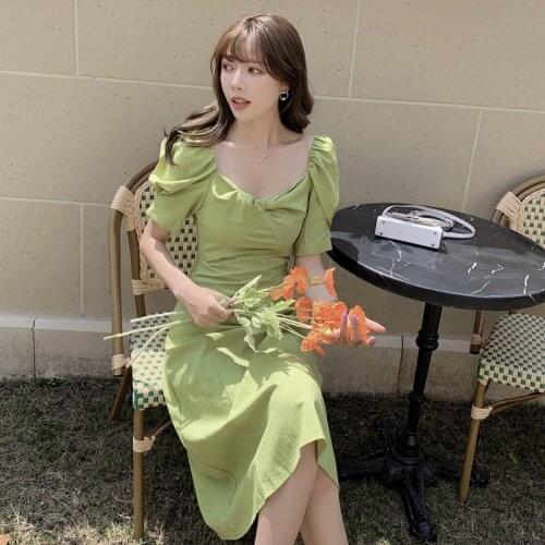 Puff Short Sleeves A-line Midi Dress Women French Eegant V-neck Solid Color Summer Dresses Ladies Holiday Chic Dress