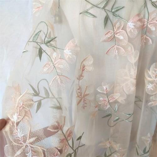 Pink Beige Net Mesh Lace Fabric Embroidered Formal Dress DIY Sewing Material