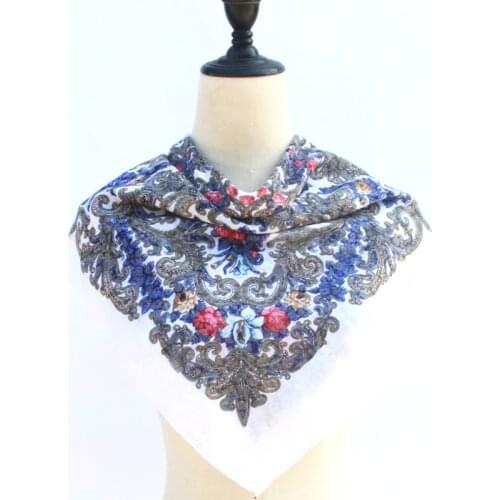 Russian Scarf Luxury Flower Small Handkerchief Ethnic Shawl Women Hijab Acrylic Scarf Printed70cm x70cm Headband Scarf Bandana