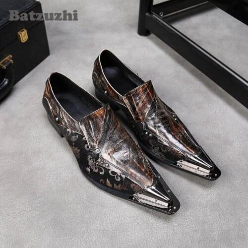 Batzuzhi Genuine Leather Dress Shoes Men Luxury Men Shoes Brown Pointed Iron Toe Sapato Masculino Oxford Shoes Men Business,US12