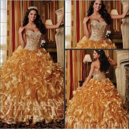 Vestidos de gold quinceanera debutante gowns sweetheart crystal beaded ruffles vestidos de 15 anos sweet sixteen