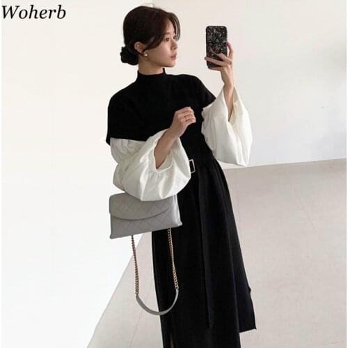 Woherb Knitted Sweater Dress Women Loose Long Patchwork Robe Mujer Contrast Color Vintage Korean Dresses Stand Collar Vestidos