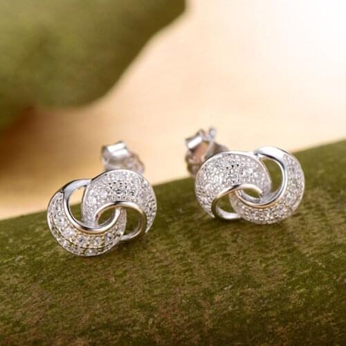 High Quality AAA Cubic Zirconia Crystal Bijoux S90 Silver Color Lariat Double Circle Stud Earrings For Designed Woman Girl Party