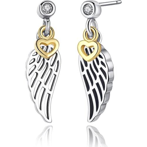 BK Fashion Love & Guidance Clear CZ Stud Earrings with Gold Color Hearts Dangling for Women 925 Sterling Silver Jewelry for Girl