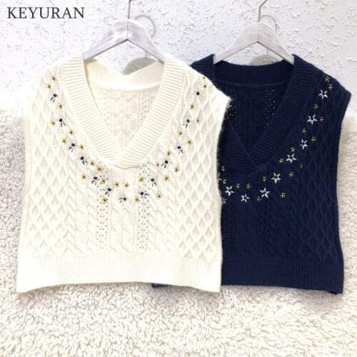 Floral Embroidery Sweater Vest For Women 2021 Fashion V-Neck Short Knitted Sleeveless Sweater Waistcoat Crop Tops Women Clothes