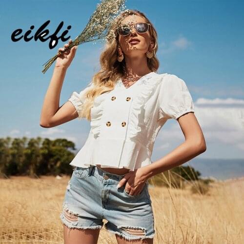 EIKFI White Front Buttons Ruffle Women Blouse Summer Ladies V Neck Short Sleeve Ruffle Hem Slim Fit Casual Tops and Blouse New