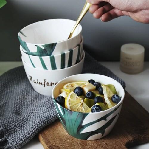1pc Green Leaf Design Bowl European Style Ceramic Rice Bowl Milk Bowl Fine Bone China Breakfast Bowl Dinnerware