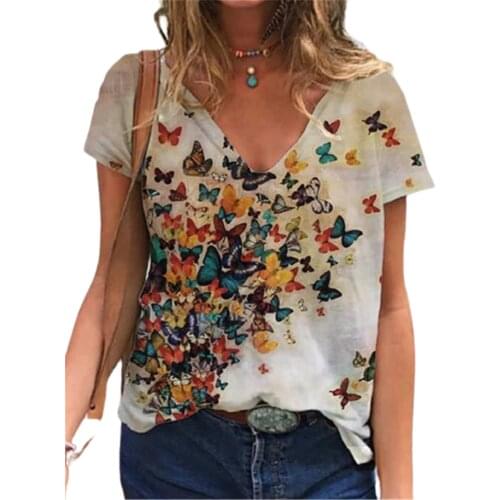 3D Butterfly Print Women T-Shirts Short Sleeve Oversized Tee Loose Casual Basic Tops Female V-Neck Street T-Shirt 5XL Top