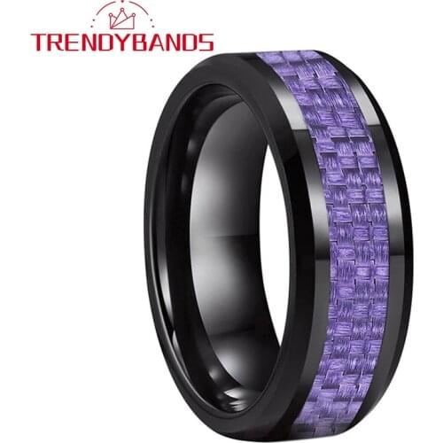 8MM Purple Carbon Fiber Inlay Black Tungsten Ring For Men Women Beveled Edges High Poished Shiny Comfort Fit