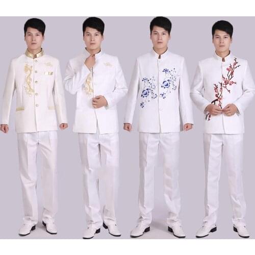 Male Embroidered Stand Collar White Black Prom Men Suits Stage Singer Costume Homme Mens Suits With Pants Man Blazer Suit SL1587